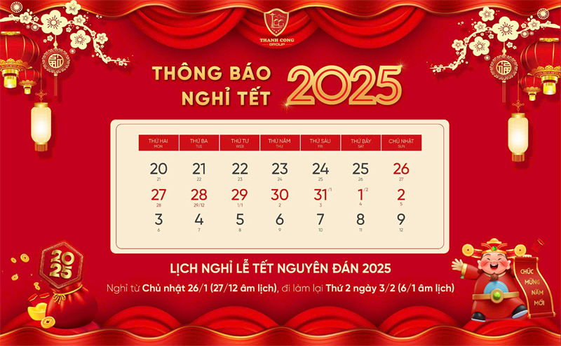 Thông báo lịch nghỉ Tết Nguyên đán Ất tỵ 2025